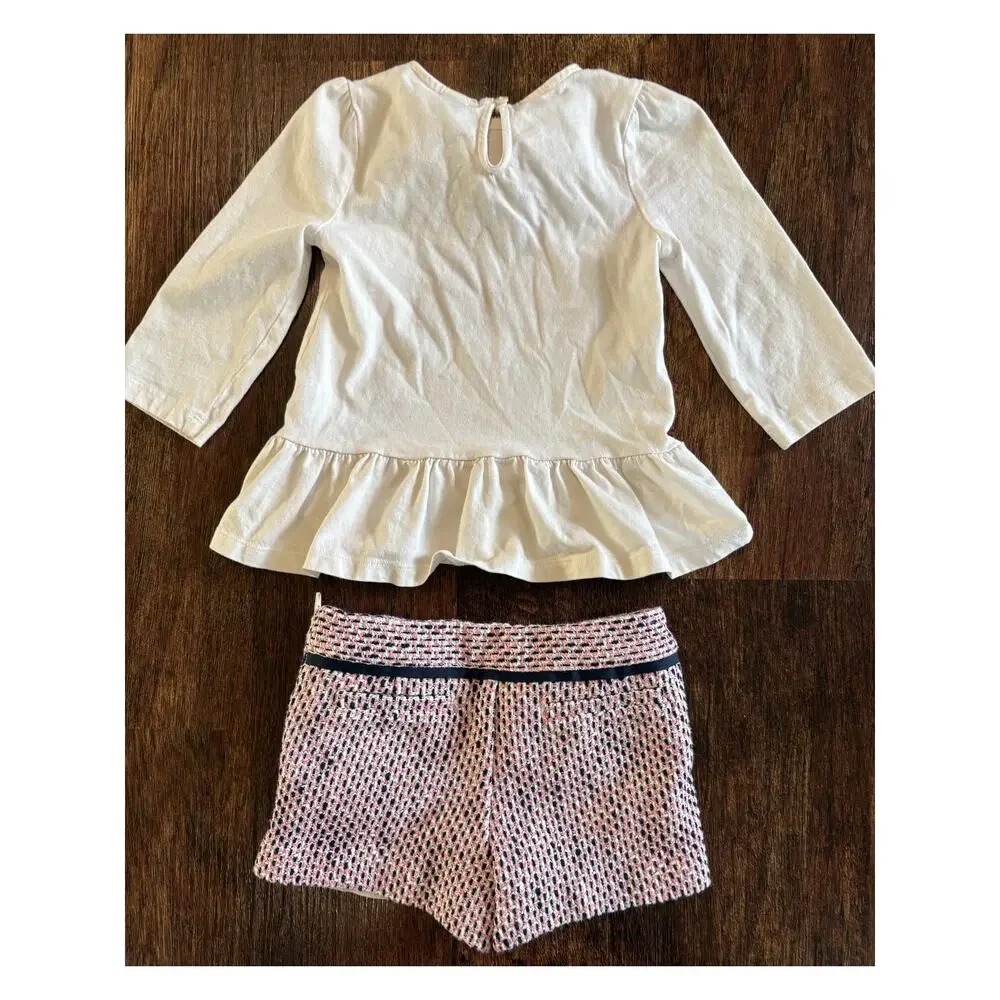 Janie & Jack Girls Size 4 Pink Navy Blue Tweed Shorts And Top 2-Piece Outfit Set